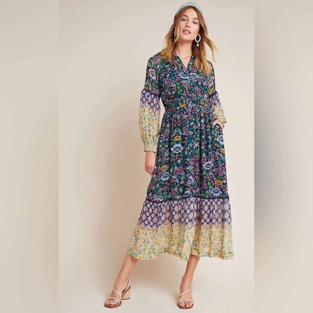 Anthropologie Maeve Ondine Maxi Dress Boho Long Sleeve Multi Color Floral